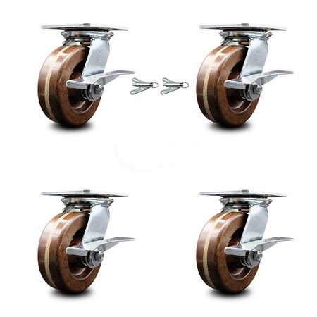 Service Caster 6 Inch High Temp Phenolic Caster Set with Roller Bearing 4 Brake 2 Swivel Lock SCC-35S620-PHRHT-SLB-BSL-2-SLB-2